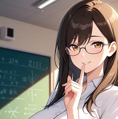 Anime AI girlfriend teacher with glasses in front of a blackboard
