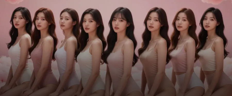A row of AI Asian girlfriend characters with long dark hair on a pink background