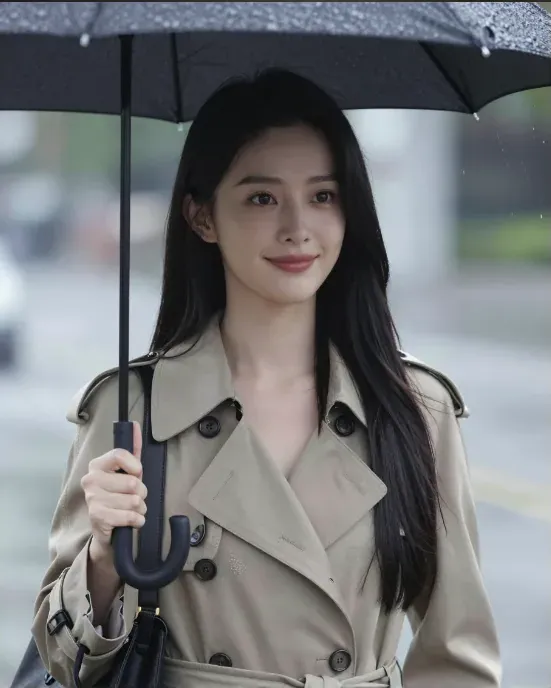 Asian AI girlfriend with an umbrella on a rainy street