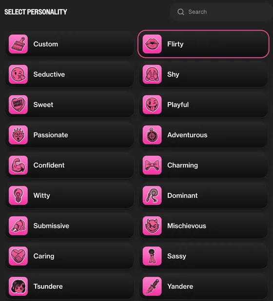 Personality picker with traits like flirty, shy, caring and tsundere